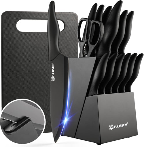 16 Pieces Kitchen Knife Block Set with Cutting Board, German Stainless Steel Knife Set with Sharpener, Dishwasher Safe, Anti-Slip Handle, 6 Steak Knives, Black