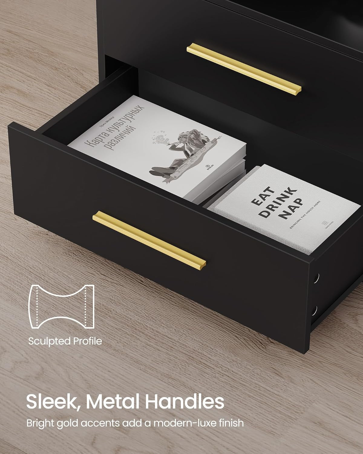 Custos Collection - Set of 2, 23.6 Inch Wide Nightstands with Charging Station, LED Lights, Modern Night Stands, Side End Tables with Drawers, Open Shelf, 2 AC Outlets USB Ports, Ink Black