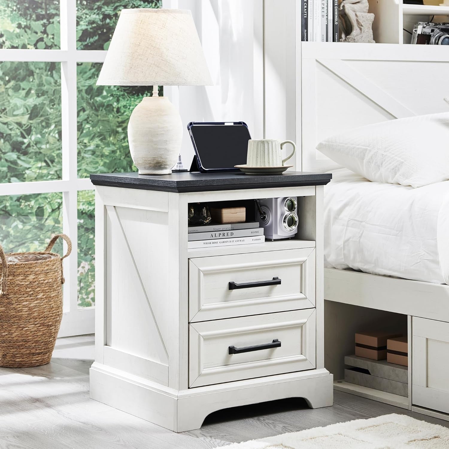 18" Farmhouse Nightstand with Charging Station,End Table with 2 Drawers Storage,Side Table,Bedside Cabinet for Bedroom,Living Room,White | for Bedroom, Living Room