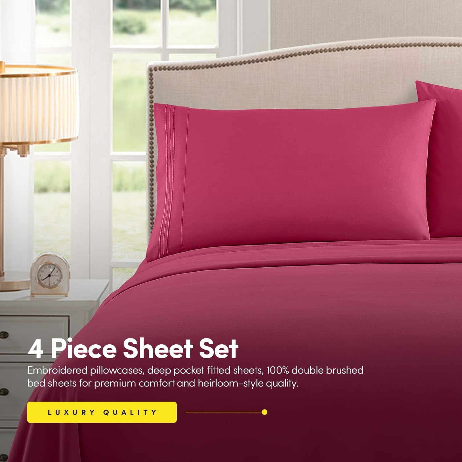 1500 Supreme Collection Queen Sheet Sets Fuschia - Luxury Hotel Bed Sheets and Pillowcase Set for Queen Mattress - Extra Soft, Elastic Corner Straps, Deep Pocket Sheets, Queen Fuschia