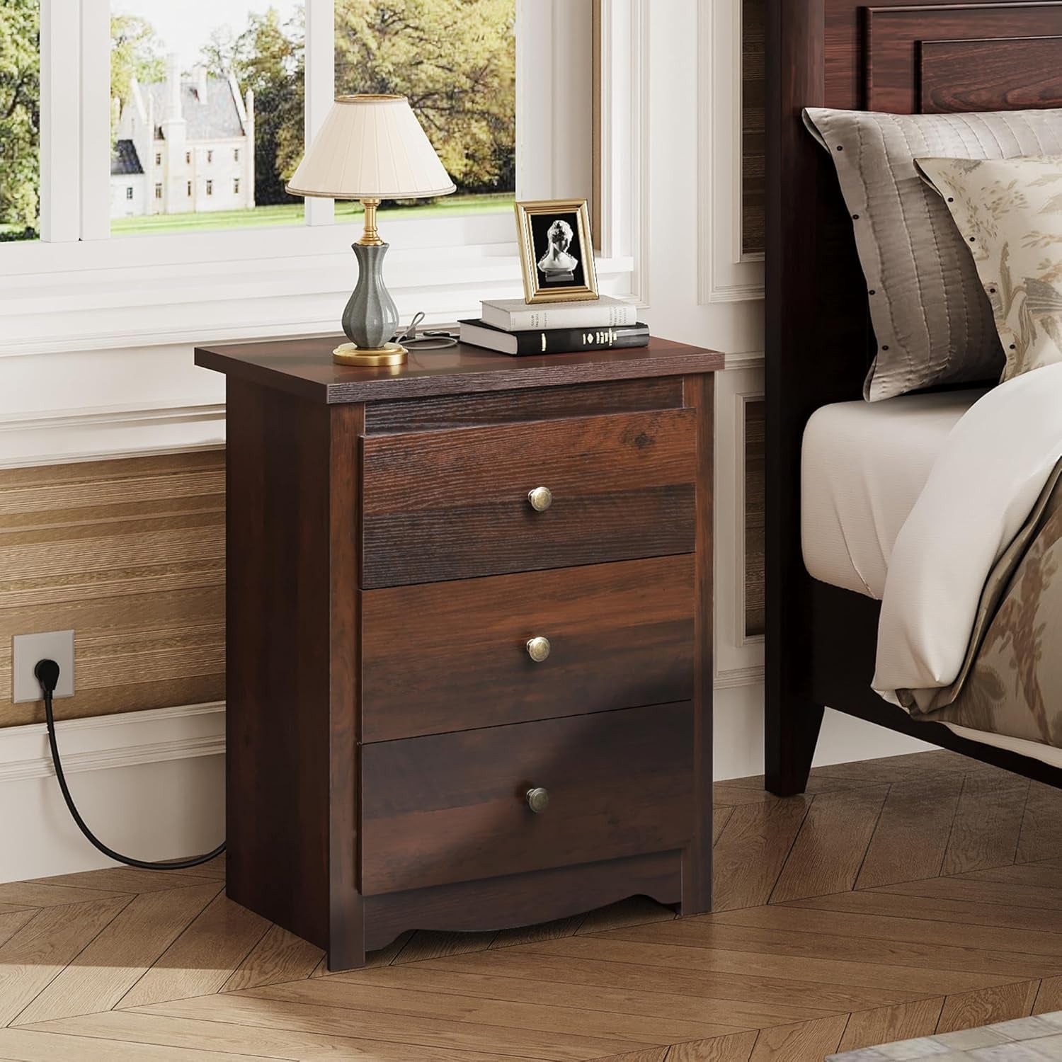 Tall Nightstand with Charging Station, Wood Night Stand with 3 Drawers Storage, Bedside Table End Side Tables with 2 USB Ports and Outlets for Bedroom, Closet, Espresso