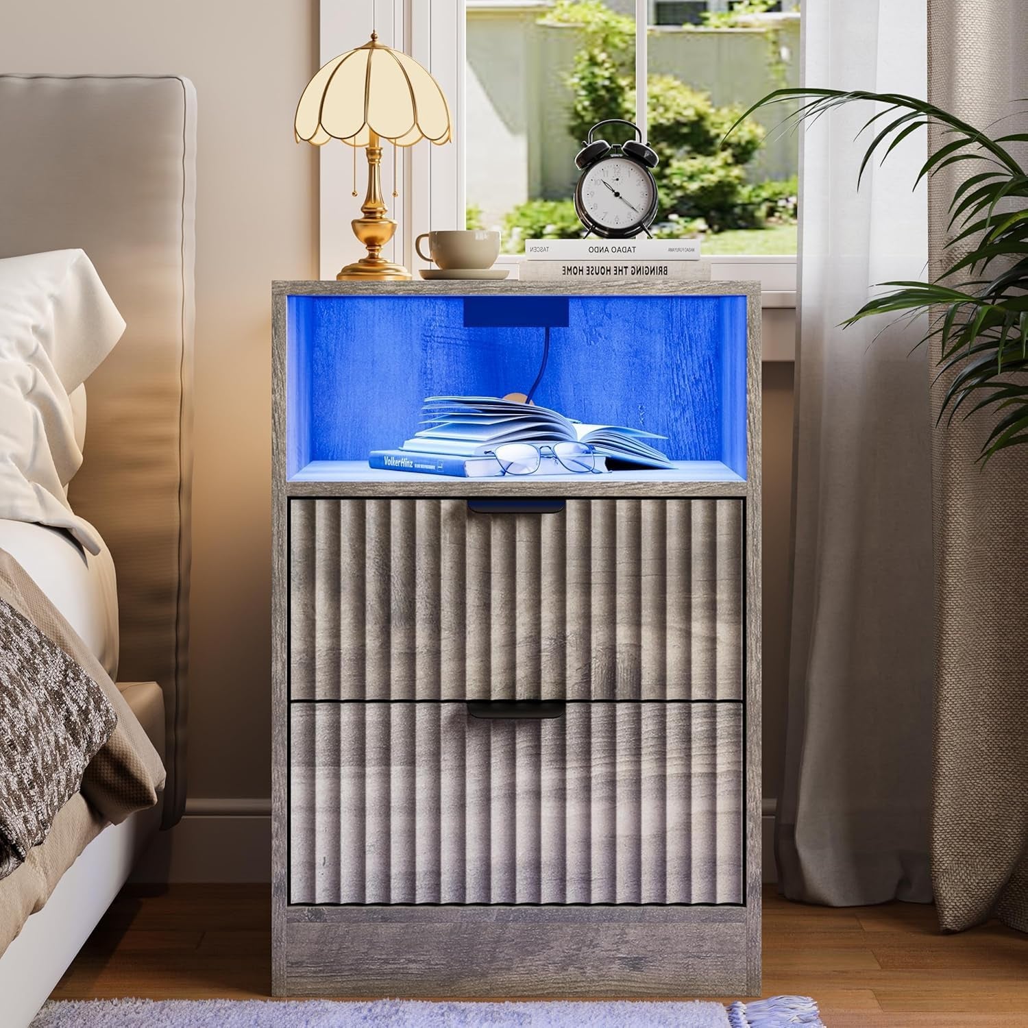 Night Stand Set 2, LED Night Stand with Charging Station, Wood Side Table, Fluted Nightstands with 2 Drawers, End & Bedside Tables for Bedroom Sofa Office, Wood Gray