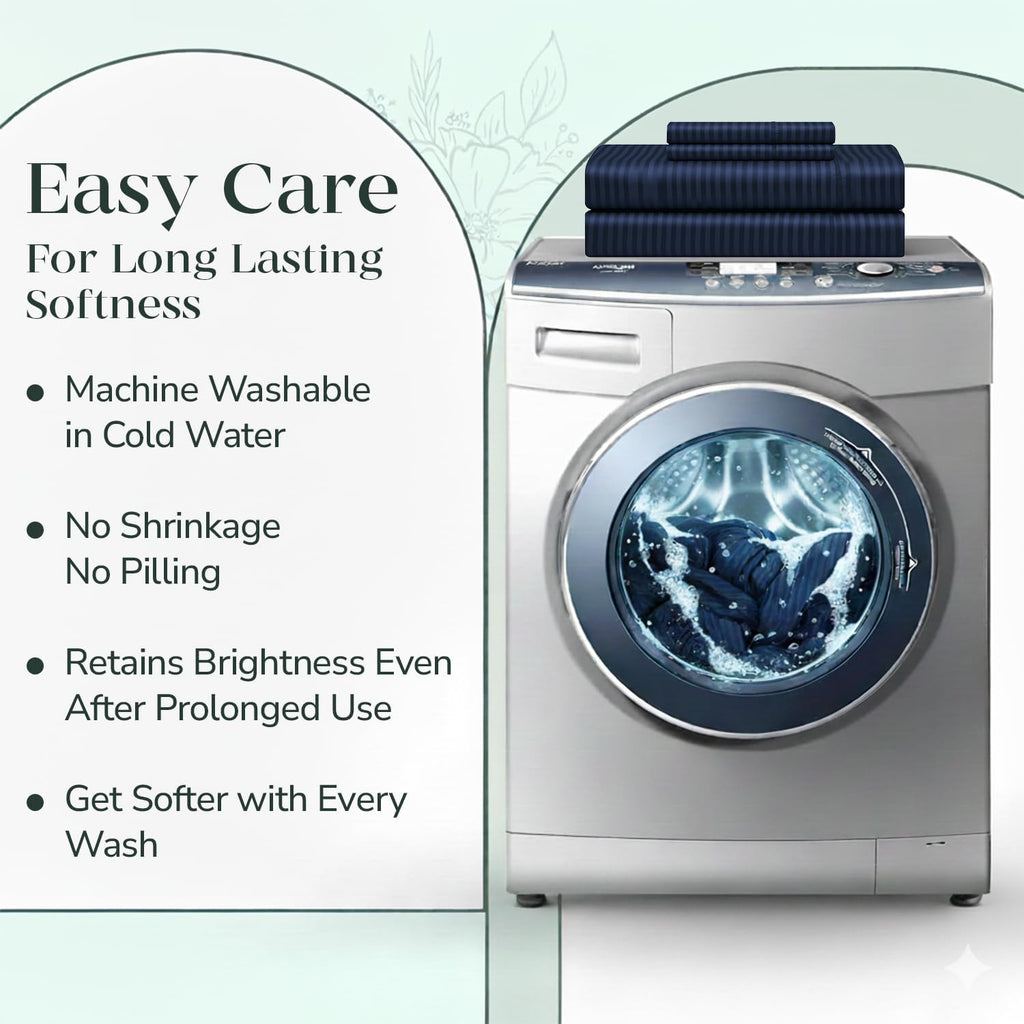 Feather & Stitch 500 TC California King Size Bed Sheet Set, 100% Cotton Soft Breathable Bedsheets, 4 Piece 18" Deep Pockets Sateen Weave Striped Bedding Mattress Resort Hotel - (Dark Blue Stripe)