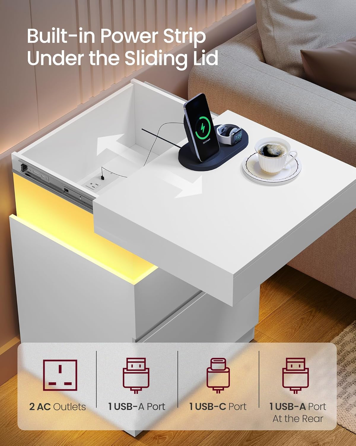 Kailyn Collection - Nightstand with Power Outlets, Sliding Lid, Modern Bedside Table with LED Lights, End Table, 2 Drawers, 15.7 X 18.9 X 26.8 Inches, Cloud White ULET650WB01S