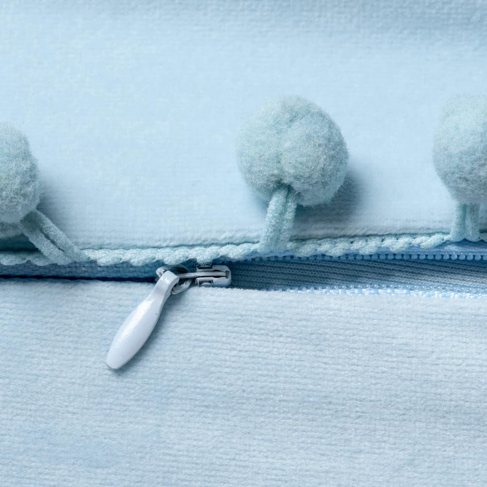 Throw Pillow Cases 20X20 Light-Blue: 2 Pack Cozy Soft Pom-Poms Velvet Square Decorative Pillow Covers for Farmhouse Home Decor