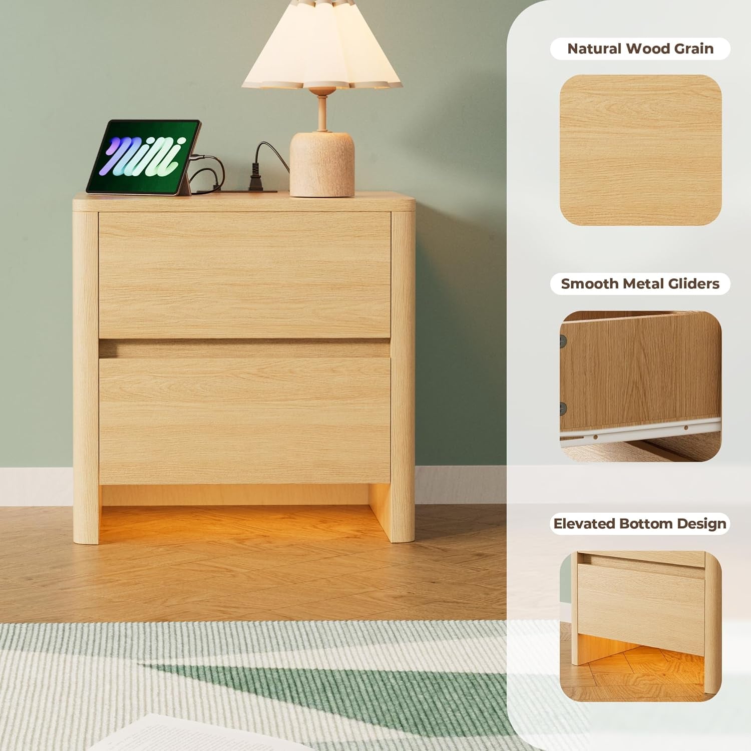 Nightstand with Charging Station, Modern Bedside Table End Table with LED Lights & 2 Drawers & Safe Curved Corners, Mid Century Modern Night Stand for Bedroom, Living Room, Natural Oak