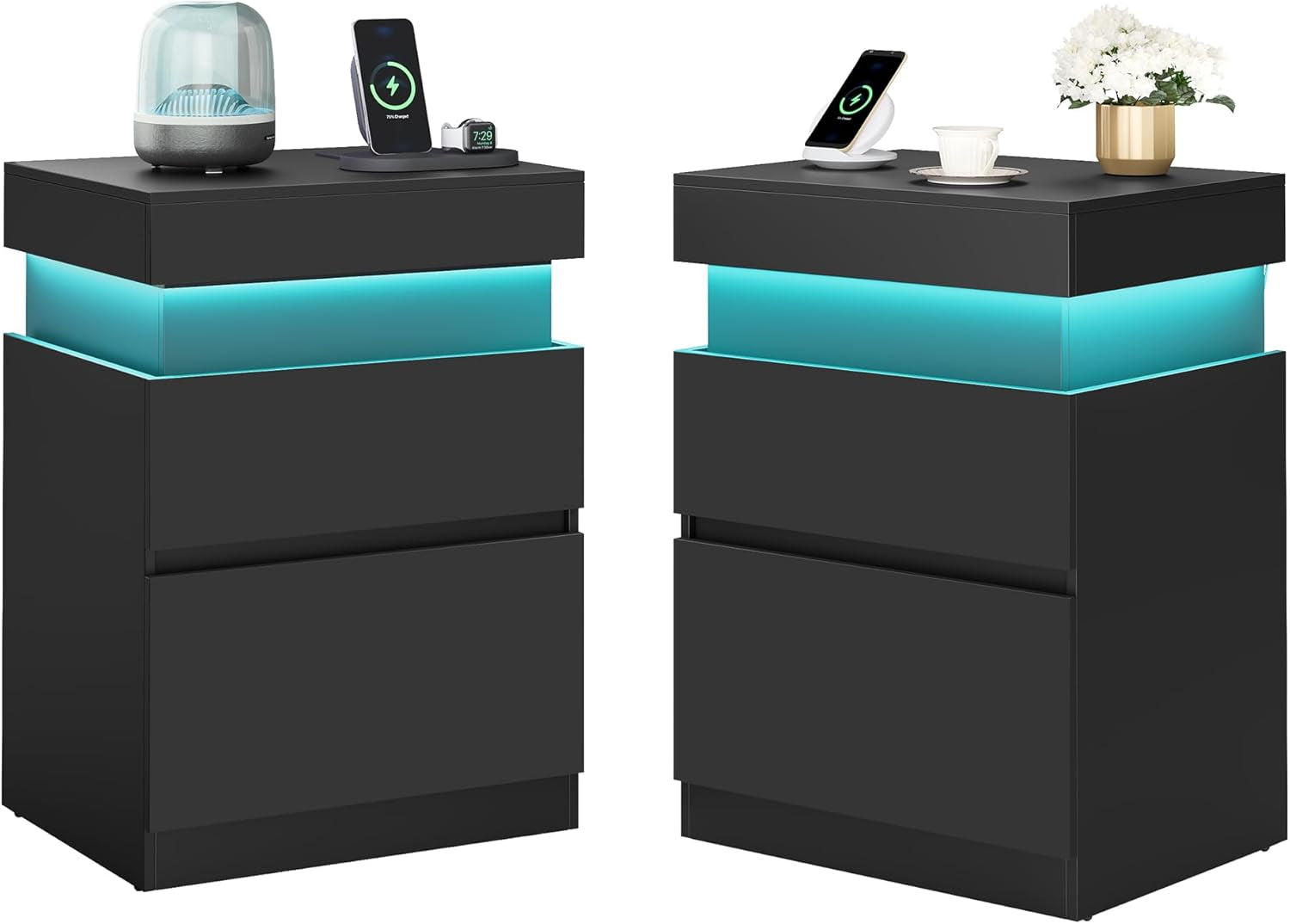 Kailyn Collection - Nightstands with Power Outlets, Sliding Lid, Modern Bedside Tables with LED Lights, End Tables, 2 Drawers, Set of 2, 15.7 X 18.9 X 26.8 Inches, Ink Black ULET650BC01S-2J