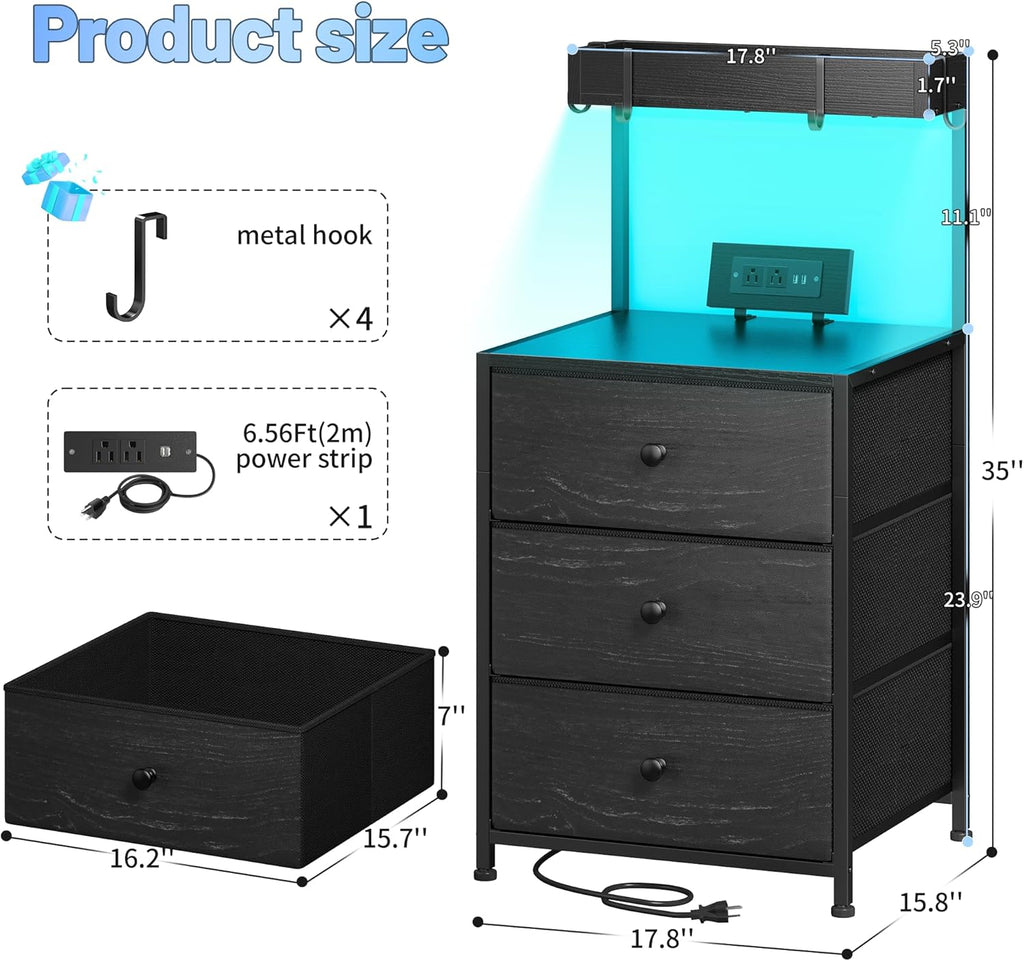Nightstand with Charging Station and Led Night Stand with 3 Drawers, Bedside Table with Drawers and Outlets, Dorm Nightstand for Bedroom,Entryway, Hallway, Closet, 4 Hooks, Black