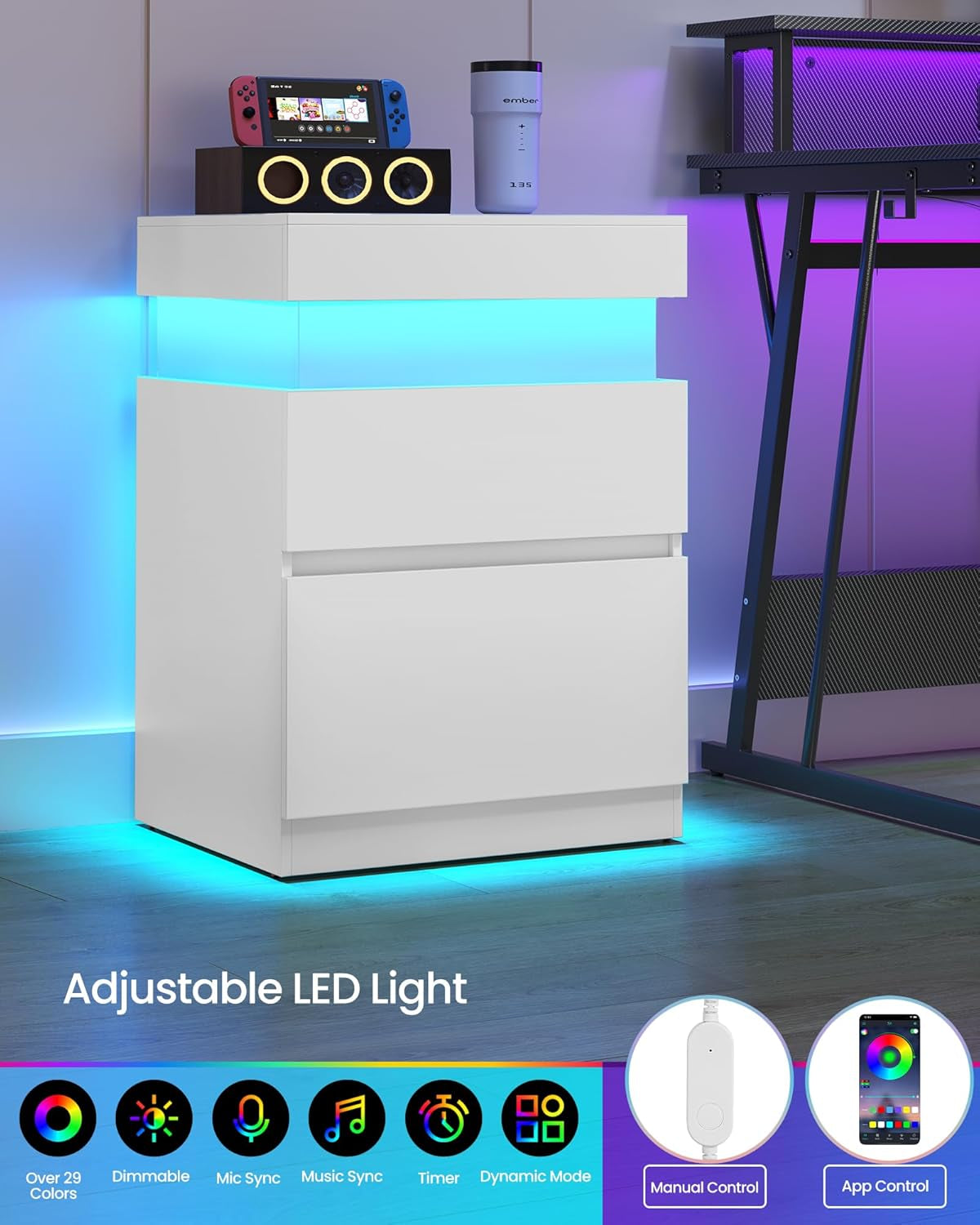 Kailyn Collection - Nightstand with Power Outlets, Sliding Lid, Modern Bedside Table with LED Lights, End Table, 2 Drawers, 15.7 X 18.9 X 26.8 Inches, Cloud White ULET650WB01S