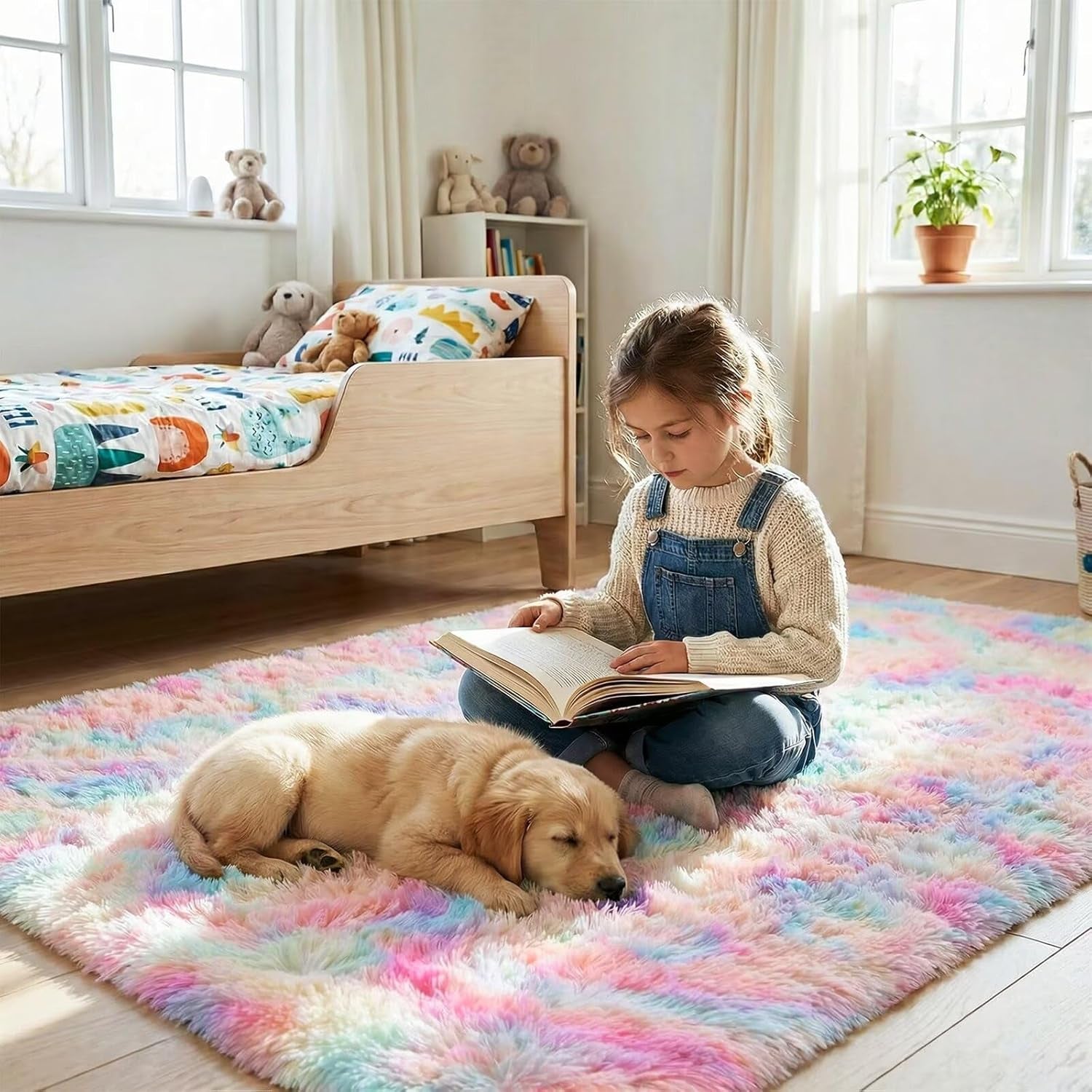 4X6 Washable Area Rug for Girls Bedroom Living Room,Tie-Dyed Rainbow Soft Non-Slip Fluffy Rugs, Shag Plush Memory Foam Carpet for Kids Room Baby Nursery Home Decor