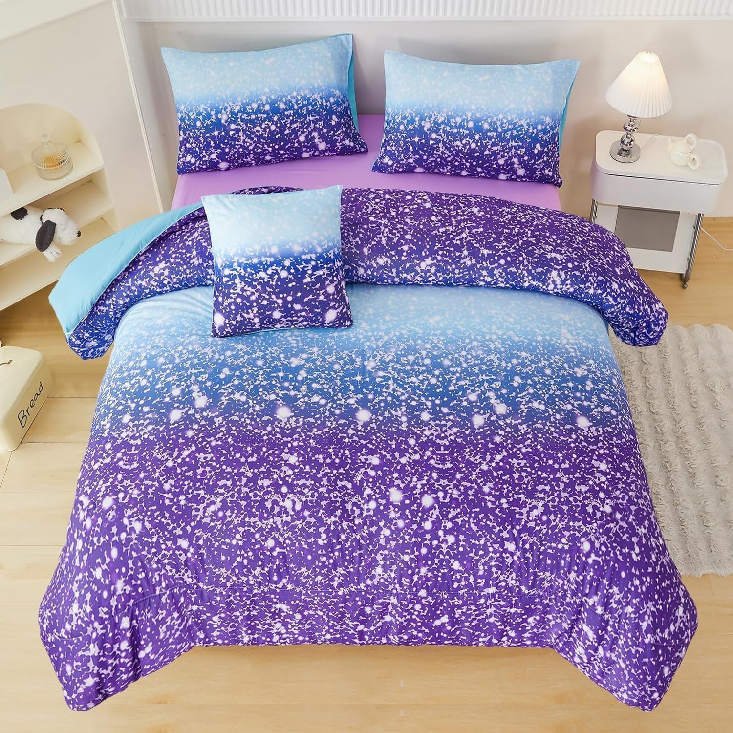 Purple Girls Twin Bedding Set - 6 Pieces Comforter Set with Sheets, Tie Dye Rainbow Bed-In-A-Bag, Sparkle Glitter Fluffy Kids Bedroom Bed Sets (Blue Purple, Twin)