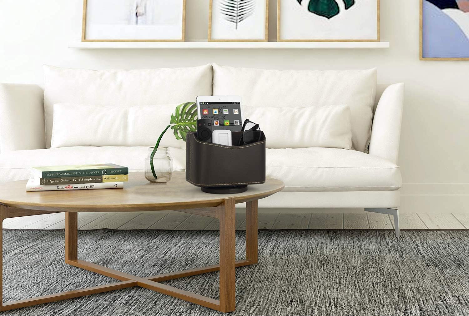 Spinning Remote Control Holder, Remote Controller Holder, Remote Caddy, Media Storage Organizer, Spinning Remote Control Organizer, 7.3X 5.5 X 6 Inches, Brown PU Leather