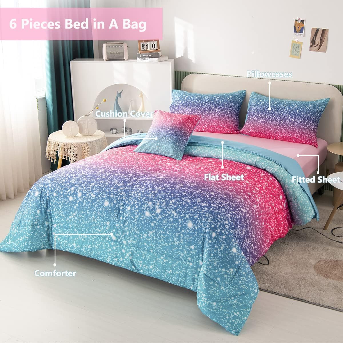 Girls Twin Size 6 Piece Bed in a Bag 3D Colorful Rainbow Bedding Comforter Sheet Set for Kids - (1 Comforter, 1 Flat Sheet, 1 Fitted Sheet, 2 Pillowcases, 1 Cushion Cover)