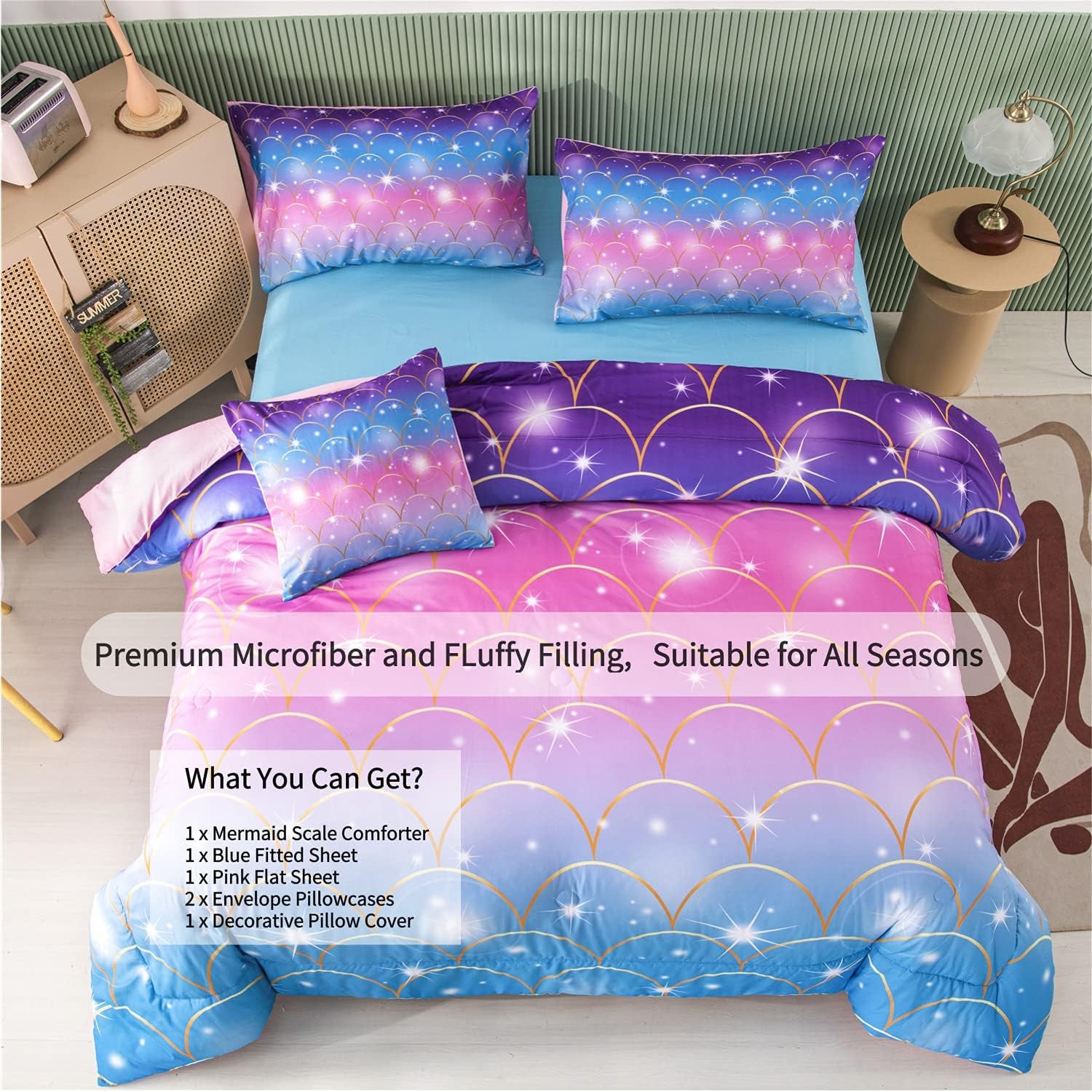 6Pcs Teal Pink Sparkle Mermaid Comforter Sets Queen Size, 3D Rainbow Glitter Girls Bedding Sets, Ombre Pastel Fish Scale Bedding Collection Sets