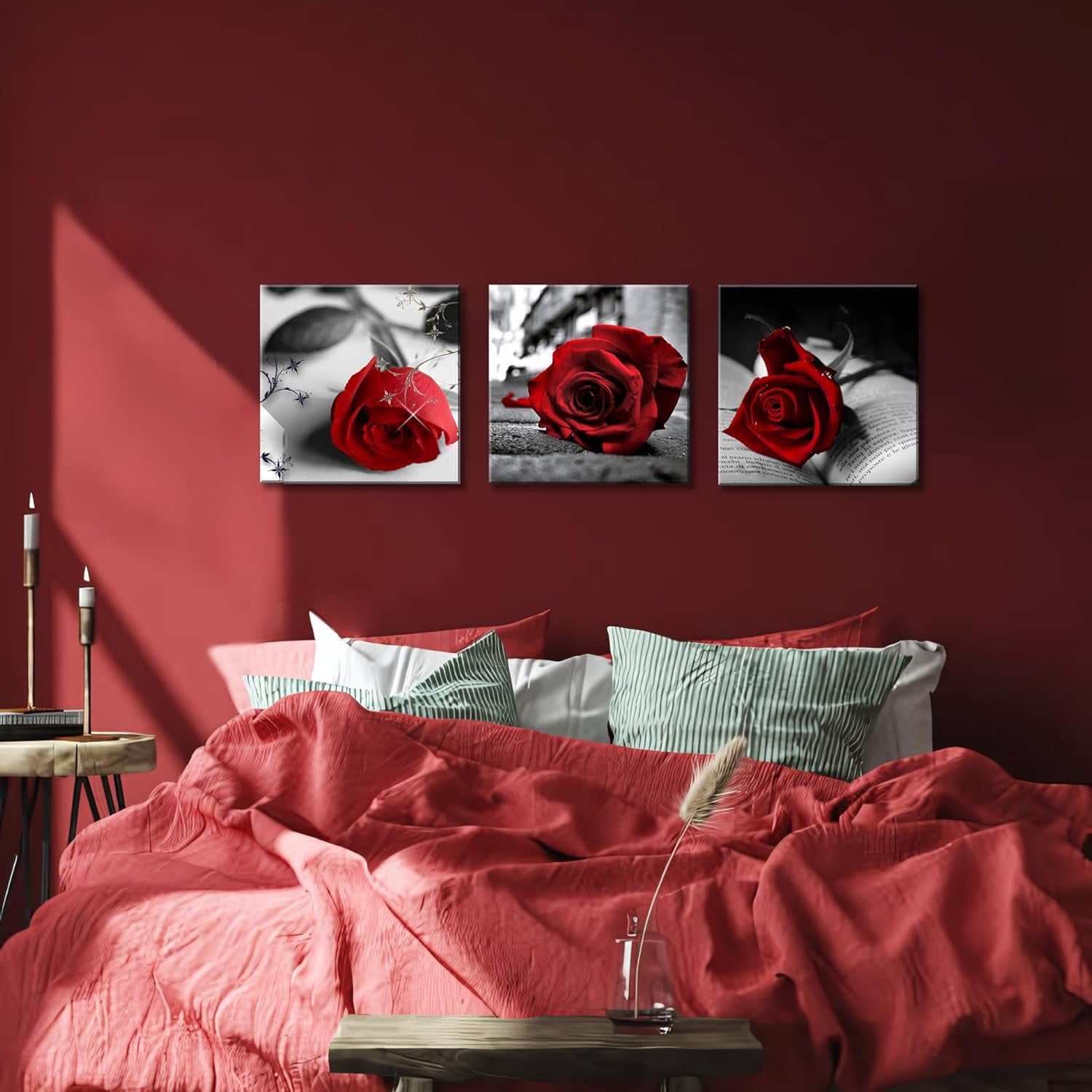 3 Pcs Red Rose Canvas Art Black and White Red Wall Art Flower Picture Prints Stretched and Framed Triptych 12"X12" Floral Decor Canvas Art for Home Decor Living Room Bedroom