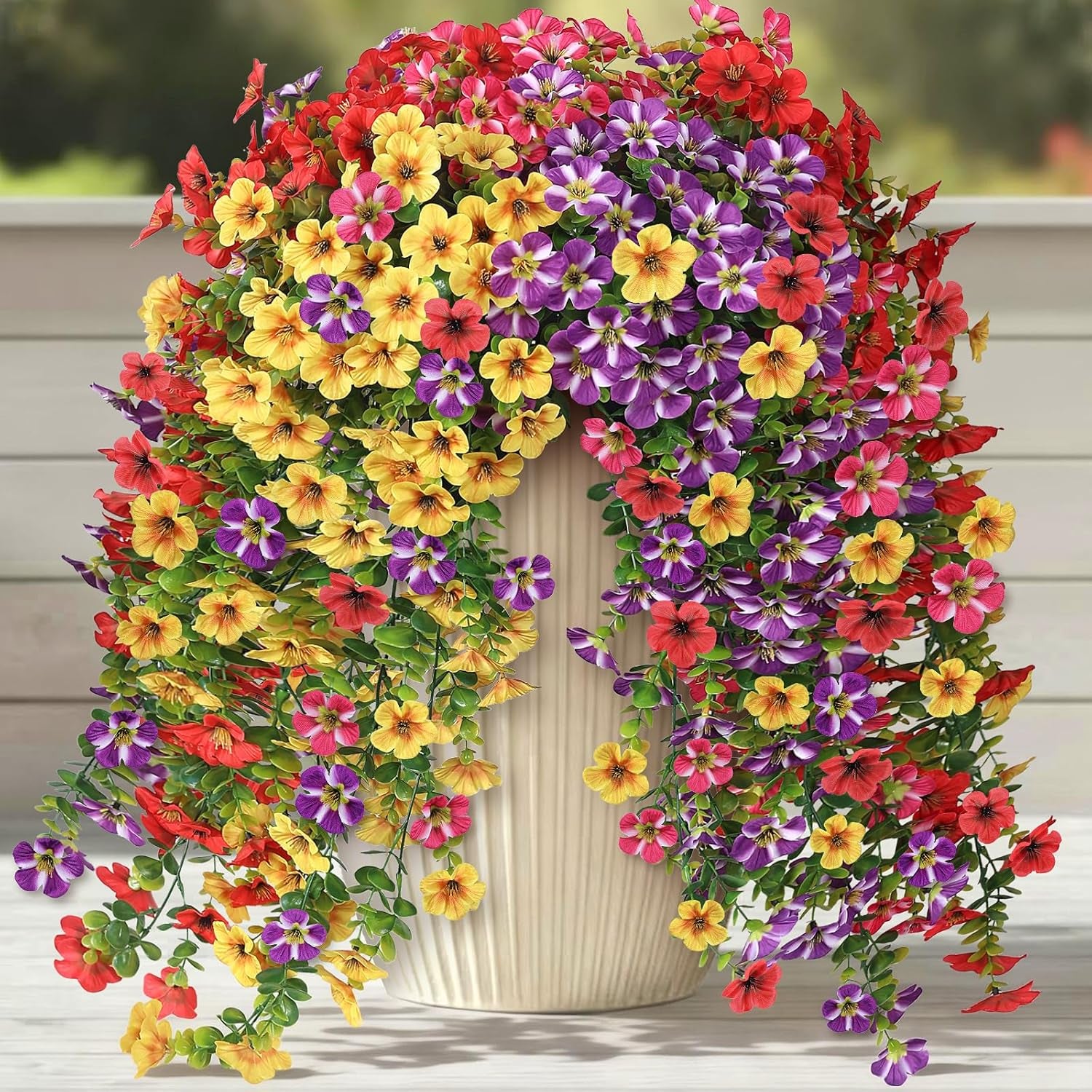 4 Bundles Artificial Hanging Morning Glory Flowers for Outdoor, Realistic Hanging Flowers Silk Fake Morning Glory with Faux Eucalyptus for Yard Garden Porch Patio Balcony Home Decor (Mixed Color)