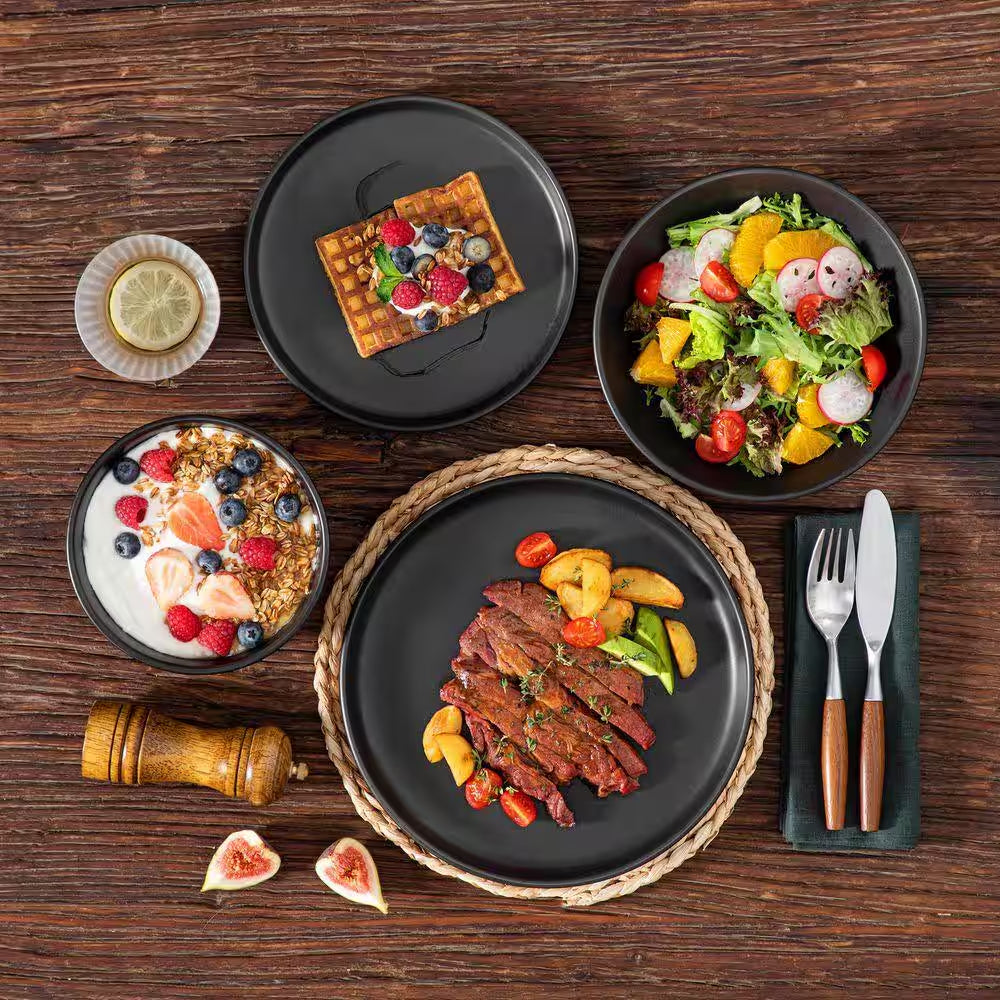 24-Piece Matte Black Stoneware Dinnerware Set Service for 6 Tableware Set Plates and Bowls Dinner Set