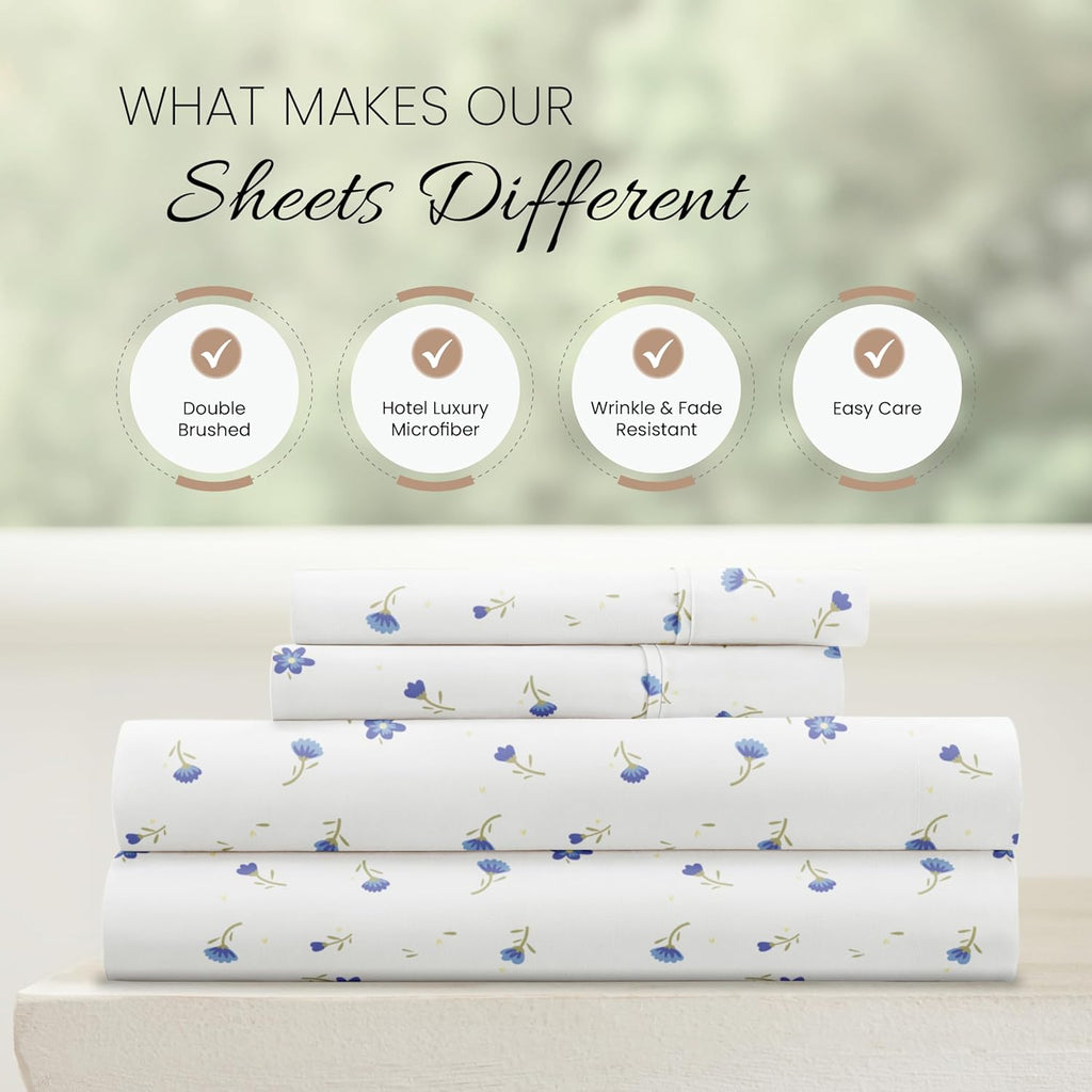 Double-Brushed Patterned Microfiber Queen Sheet Set 4 Piece – Oeko-Tex Certified Ultra Soft & Wrinkle-Free - 16" Deep Pocket Sheets - Easy Care Queen Size - Soft Floral Light Blue