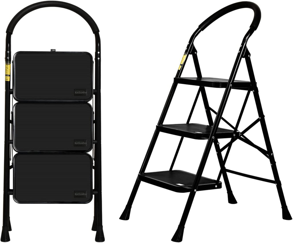 Step Ladder 3 Step, Folding Step Stool with Wide Anti-Slip Pedal and Comfort Handgrip, Portable Sturdy Slim Ladders 3 Step for Kitchen and Home, 330 Lbs, Black