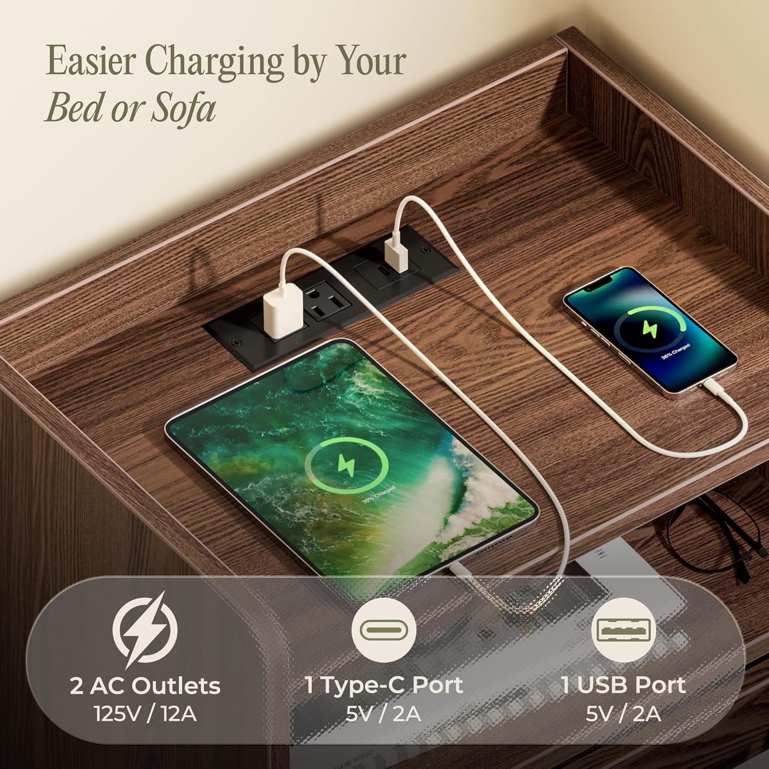 Nightstand with Charging Station, USB-C Port, Fluted Night Stand Set of 2, Bed Side Table with Drawer, Solid Wood Feet, Open Storage, End Table with Raised Edge, for Bedroom, Walnut