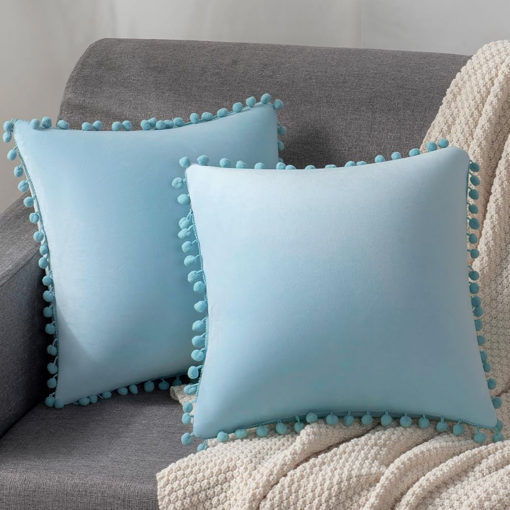 Throw Pillow Cases 20X20 Light-Blue: 2 Pack Cozy Soft Pom-Poms Velvet Square Decorative Pillow Covers for Farmhouse Home Decor