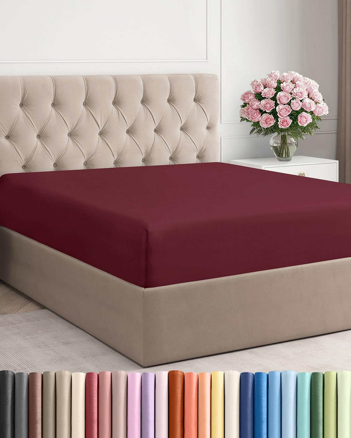 Cal King Fitted Bed Sheet - Bottom Single Fitted Sheet Only - Ultra-Soft Hotel Luxury Bedding W/ 8-16 Inch Deep Pockets - Breathable & Wrinkle Free - Easy-Care, Fade and Shrink Resistant - Burgundy