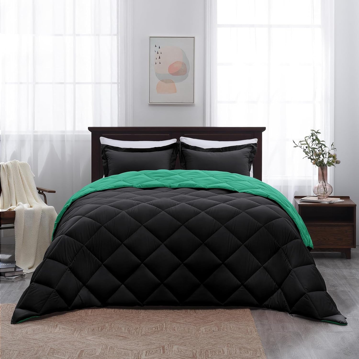 Queen Comforter Set - Green Comforter Set Queen, Reversible Bed Comforter Queen Set for All Seasons, Black/Mint Leaf, 1 Comforter (88"X92") and 2 Pillow Shams (20"X26"+2")