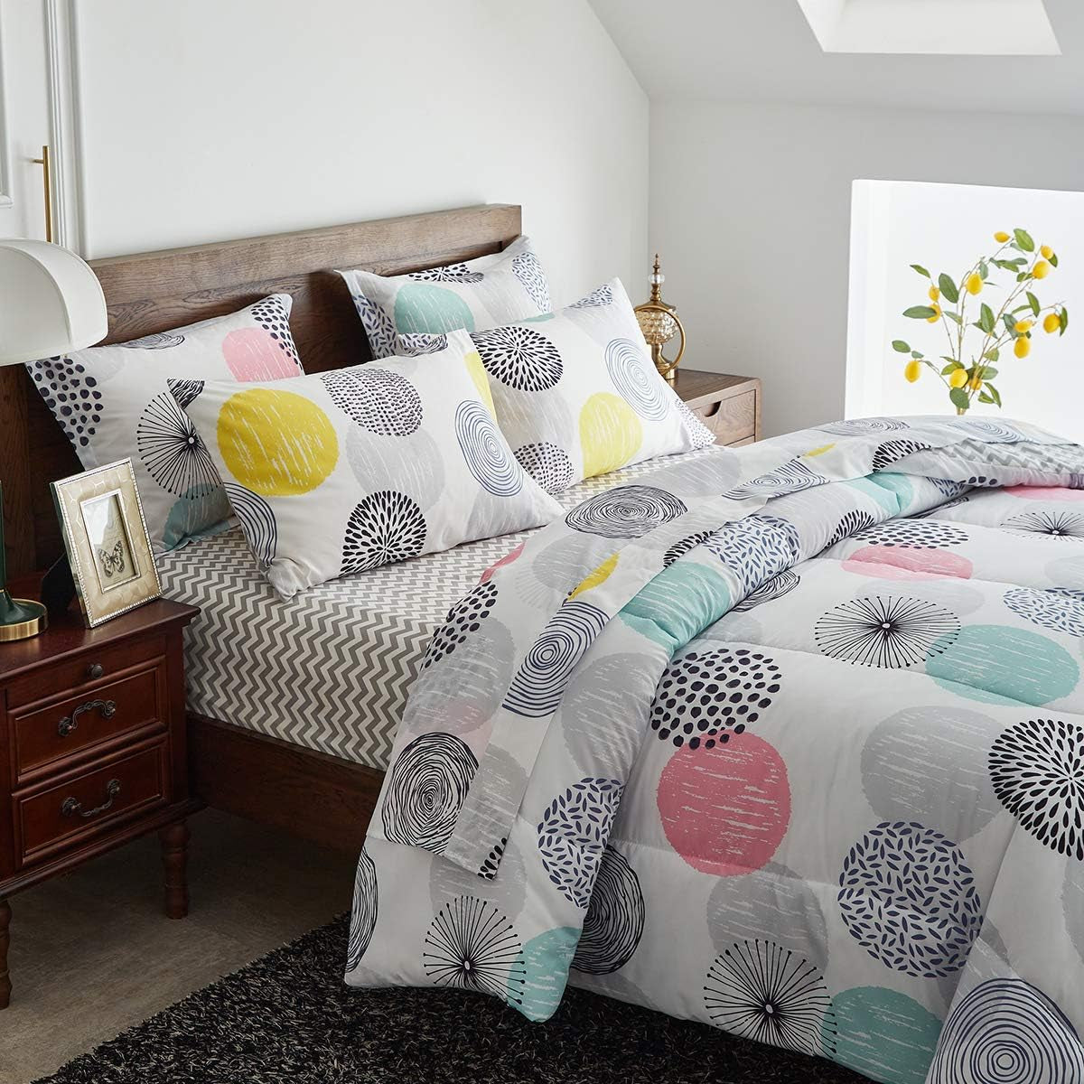 6 Pieces Comforter Sheet Set Twin Size Bed in a Bag - Colorful Dots Style - Soft Microfiber, Spring Soft Bedding Set (1 Comforter, 2 Pillow Shams, 1 Flat Sheet, 1 Fitted Sheet, 1 Pillowcases)