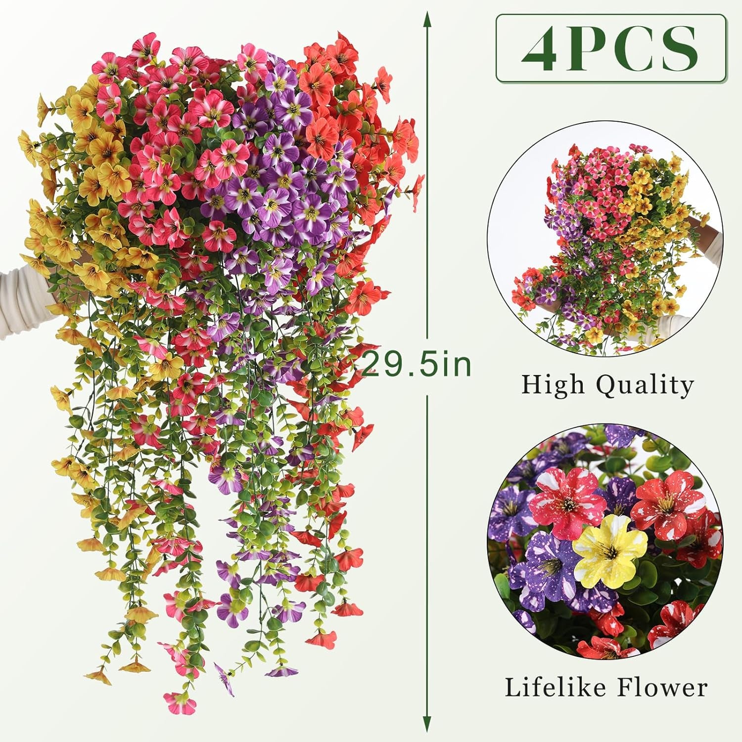 4 Bundles Artificial Hanging Morning Glory Flowers for Outdoor, Realistic Hanging Flowers Silk Fake Morning Glory with Faux Eucalyptus for Yard Garden Porch Patio Balcony Home Decor (Mixed Color)