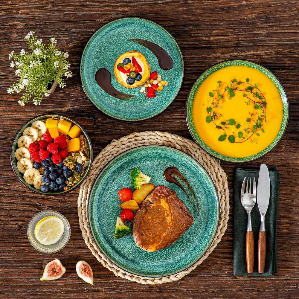 24-Piece Green and Black Stoneware Dinnerware Set Service for 6 Tableware Set Plates and Bowls Dinner Set