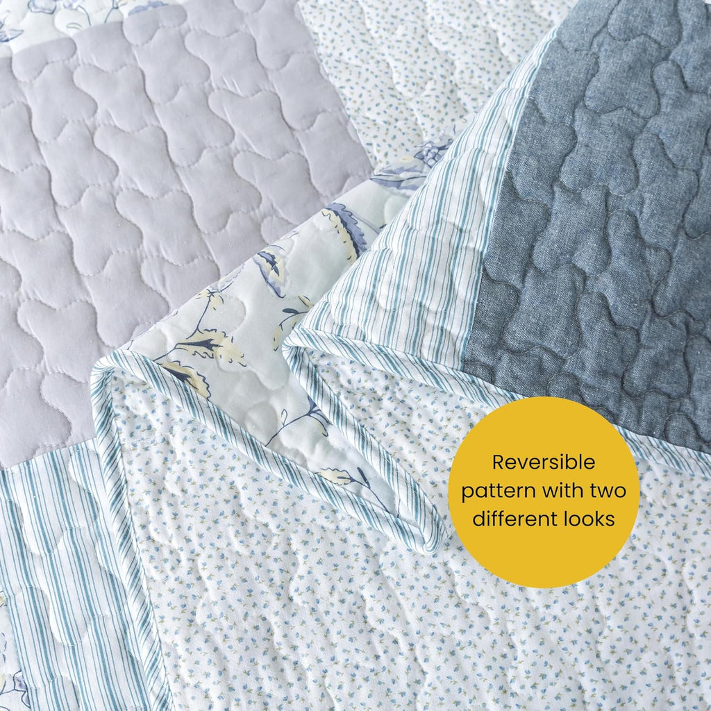 Coastal Dream Cotton Pieced Quilt Set - Twin Size with 1 Sham, Soft Purple & Blue Patchwork Quilted Bedspread, Farmhouse Country Style Bedding for All Seasons