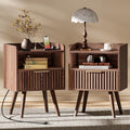 Nightstand with Charging Station, USB-C Port, Fluted Night Stand Set of 2, Bed Side Table with Drawer, Solid Wood Feet, Open Storage, End Table with Raised Edge, for Bedroom, Walnut
