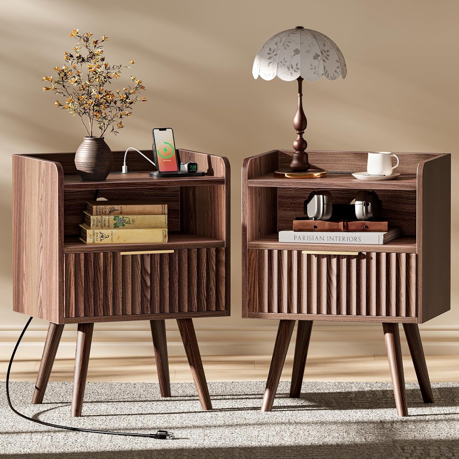 Nightstand with Charging Station, USB-C Port, Fluted Night Stand Set of 2, Bed Side Table with Drawer, Solid Wood Feet, Open Storage, End Table with Raised Edge, for Bedroom, Walnut