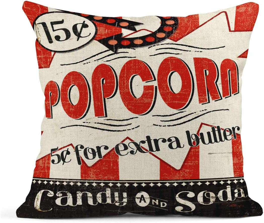 Set of 4 Linen Throw Pillow Covers Vintage Cinema Movie Theater Fresh Popcorn Projector Admit One Decorative Pillow Cases Home Decor Square 18X18 Inches Pillowcases