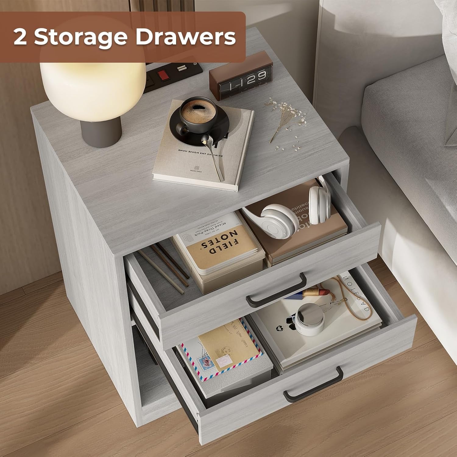Nightstands Set of 2,Grey Nightstand with Charging Station & Drawers,Night Stands for Bedrooms Set of 2