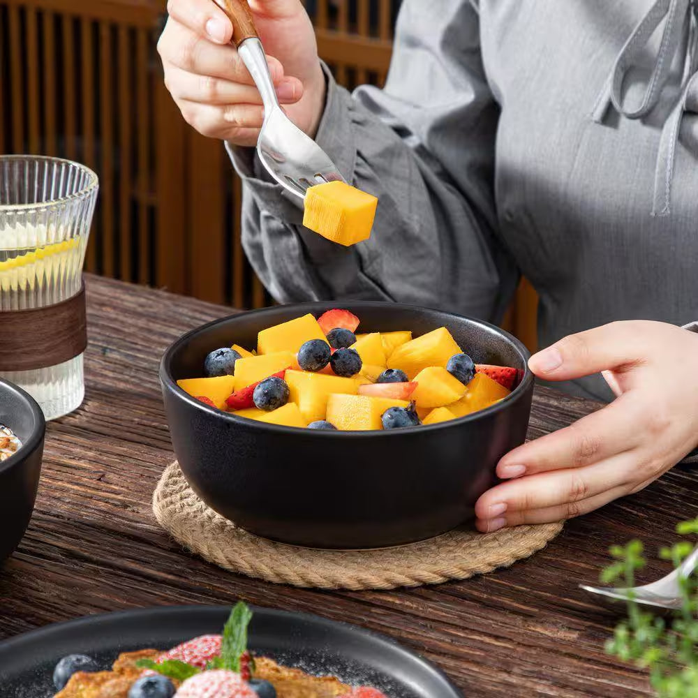 18-Piece Matte Black Stoneware Dinnerware Set Service for 6 Tableware Dinner Plates Dessert Plates Cereal Bowls