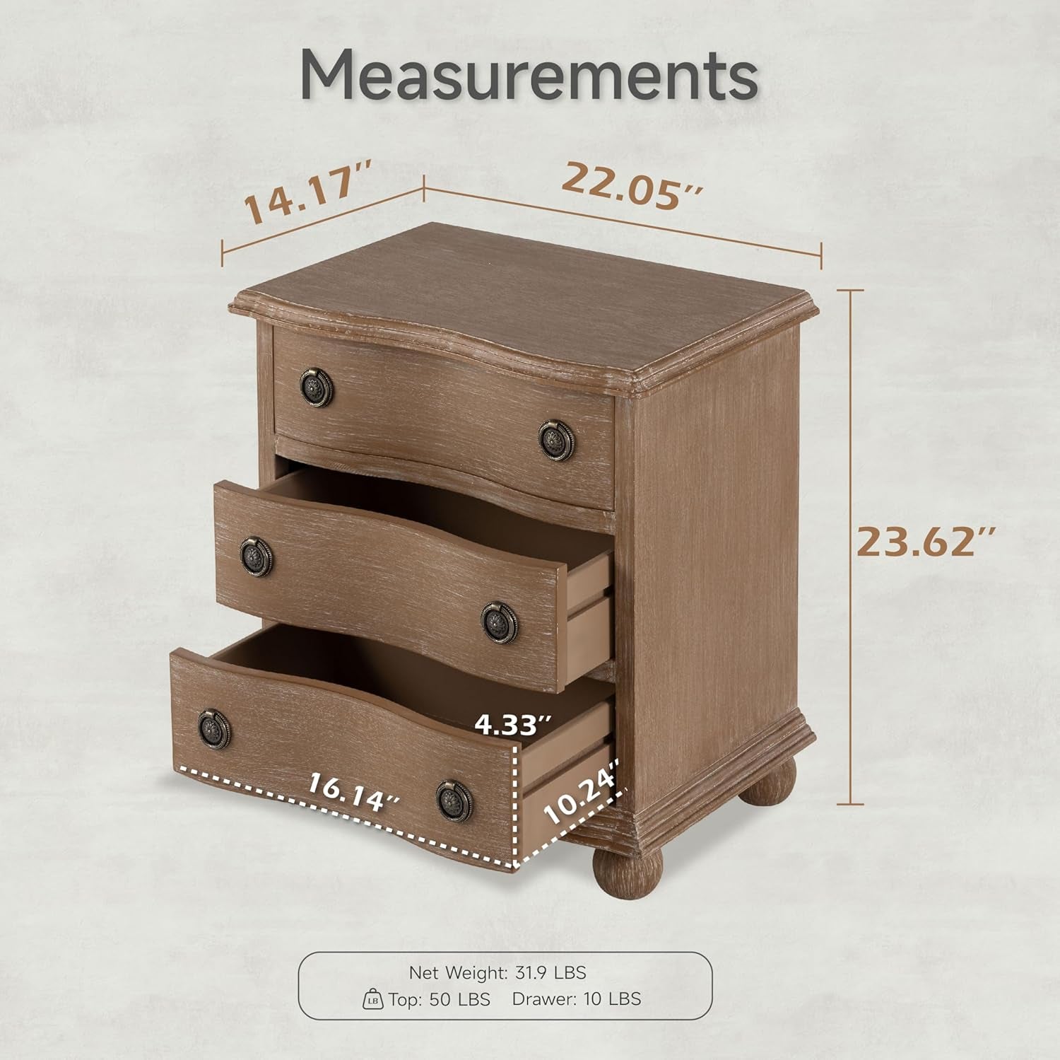 Farmhouse 3 Drawer Nightstand with Distressed Wood Finish, Rustic Vintage Small Dresser with Curved Front Design, Solid Pine Base for Bedroom, Almost Fully Assembly, Transitional, Brown