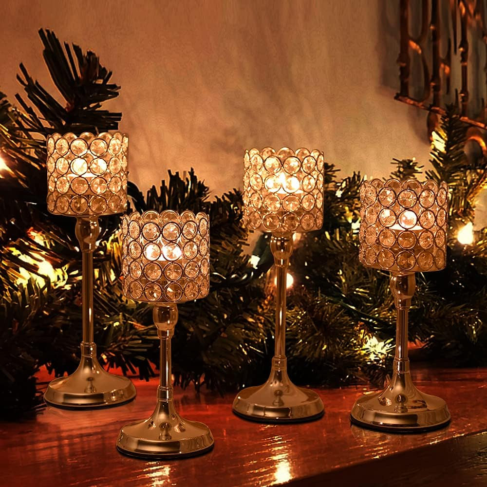 2 PCS Crystal Gold Candle Holders for Home Modern Decor/Wedding Table Centerpieces,Anniversary Celebration Gifts,12 and 14 Inches Tall