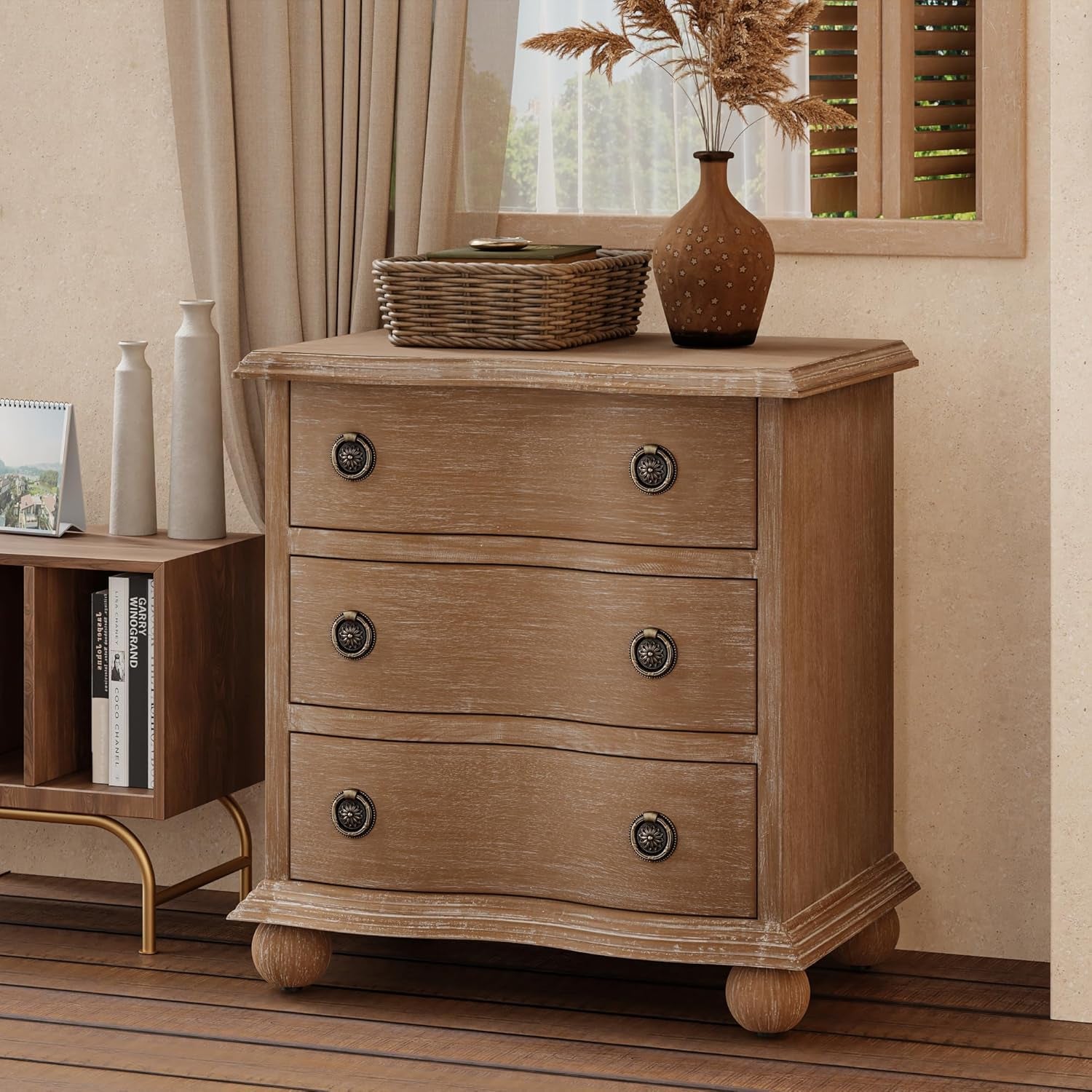 Farmhouse 3 Drawer Nightstand with Distressed Wood Finish, Rustic Vintage Small Dresser with Curved Front Design, Solid Pine Base for Bedroom, Almost Fully Assembly, Transitional, Brown