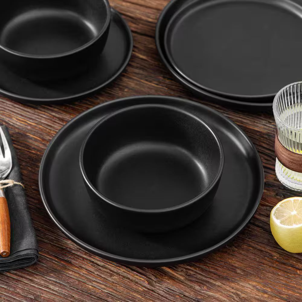 18-Piece Matte Black Stoneware Dinnerware Set Service for 6 Tableware Dinner Plates Dessert Plates Cereal Bowls