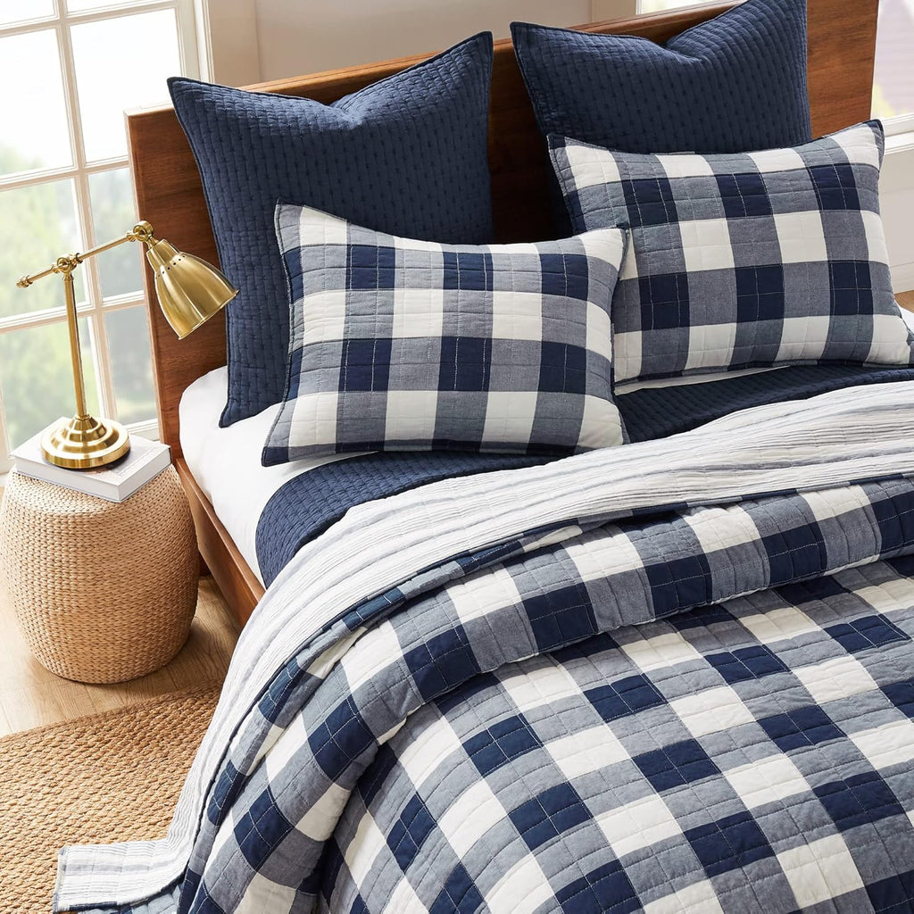 - Camden Bedspread Set - Queen Bedspread (110 X 118 In.) + Two Standard Pillow Shams (26 X 20 In.) - Buffalo Check in Navy and Cream - Reversible Pattern - Cotton