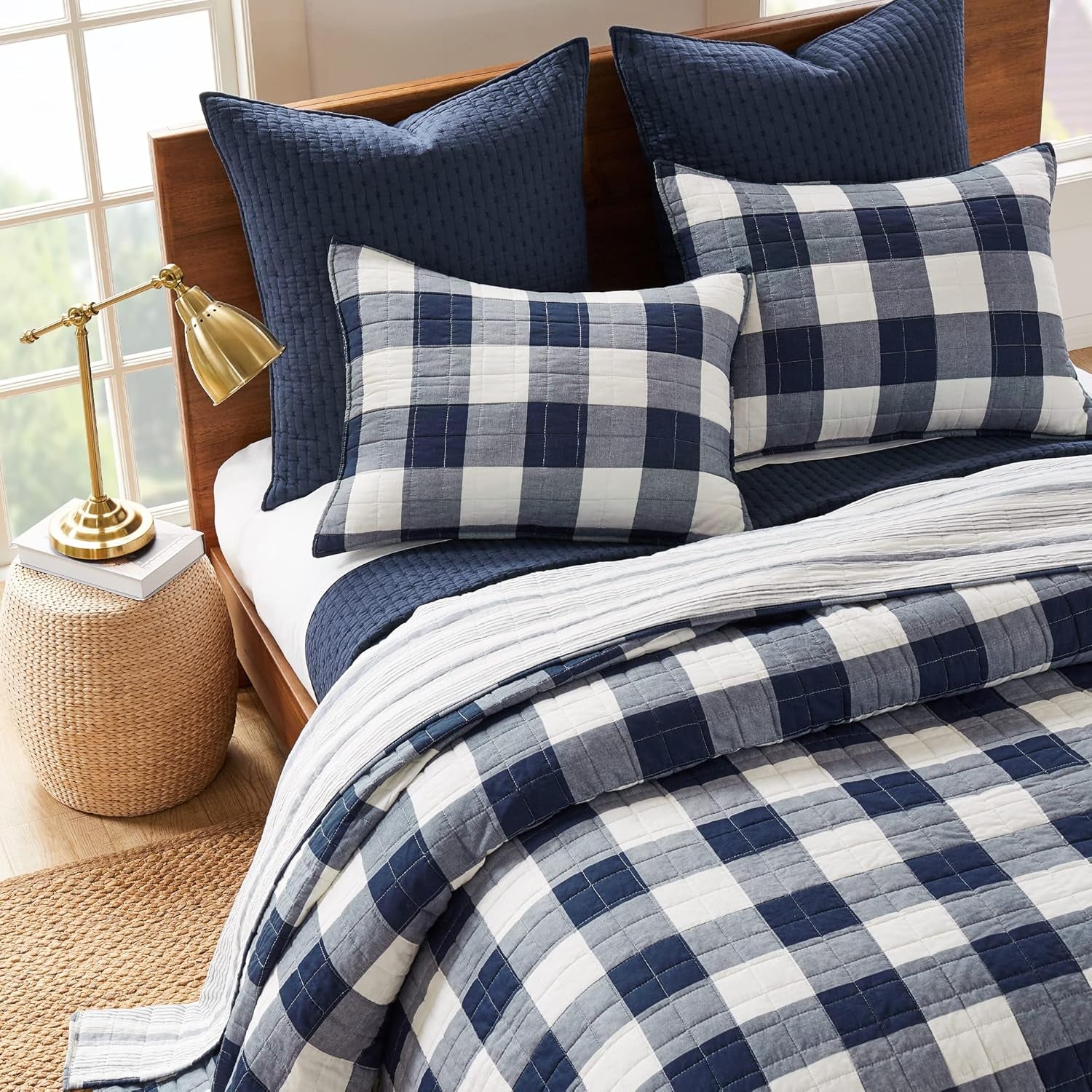 - Camden Bedspread Set - Queen Bedspread (110 X 118 In.) + Two Standard Pillow Shams (26 X 20 In.) - Buffalo Check in Navy and Cream - Reversible Pattern - Cotton