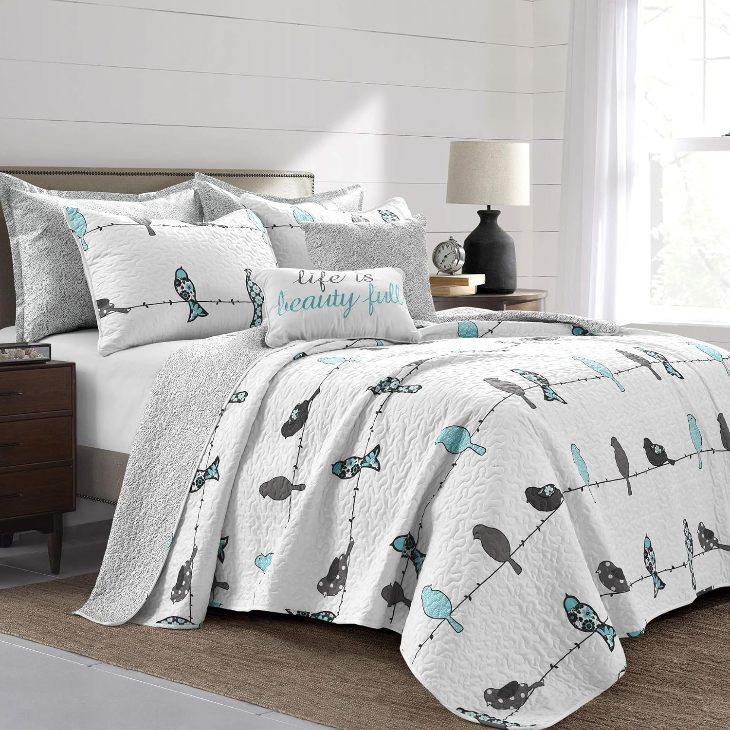 Rowley Birds Quilt Set, 7 Piece Set, Full/ Queen, Blue & Gray - Reversible Bird Bedding Set with Pillow Cases & Throw Pillows - Colorful, Whimsical, & Playful Floral Bird Print