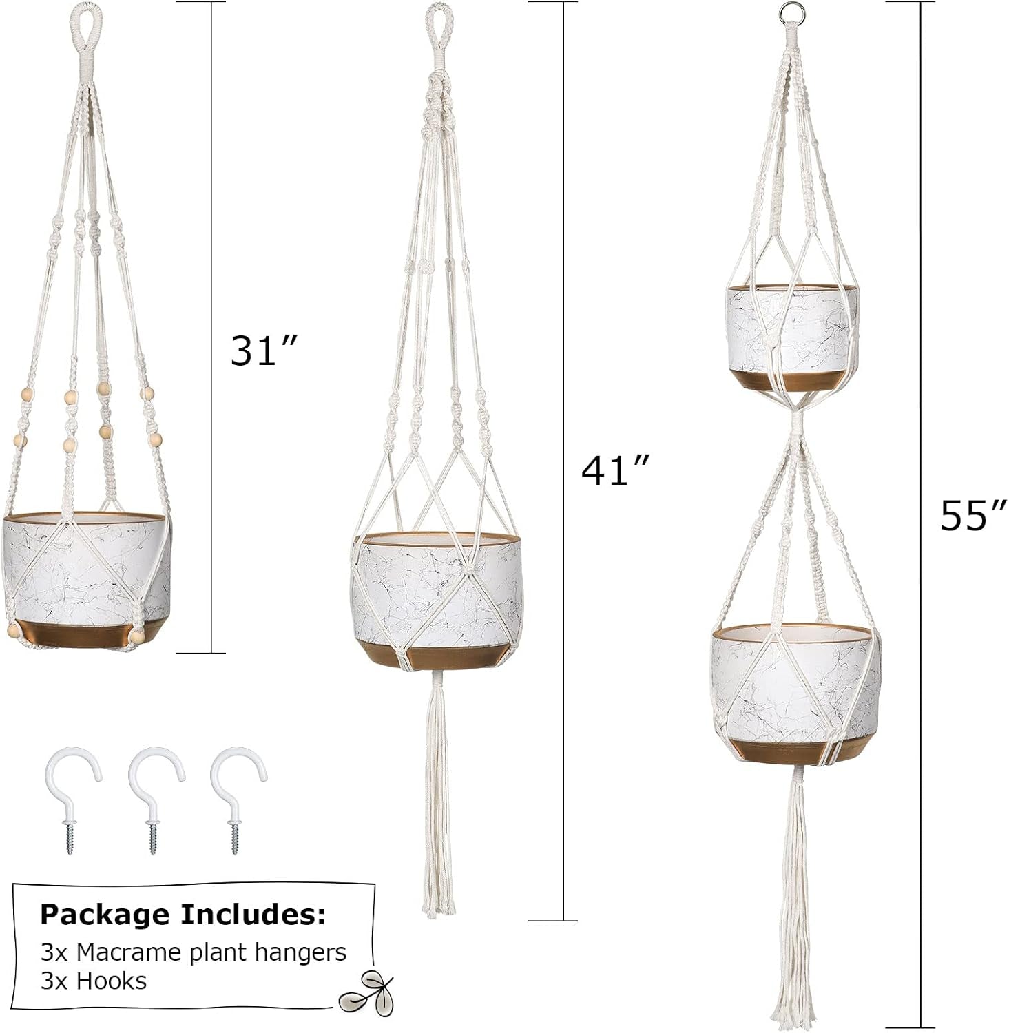 3 Pack Macrame Plant Hanger with 3 Hooks, Different Size Hanging Planters for Indoor Plants Holder for Boho Home Decor,Ivory