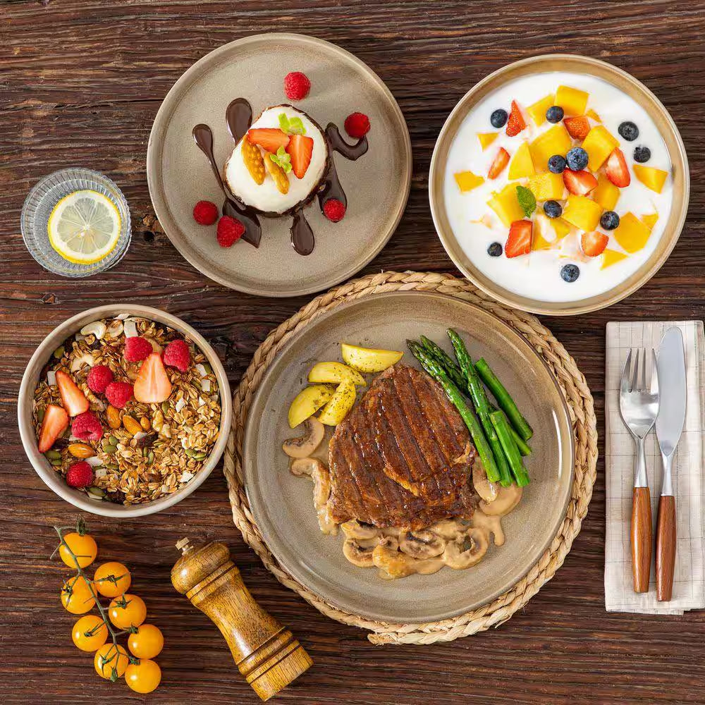 16-Piece Brown Stoneware Dinnerware Set Service for 4 Tableware Bowls and Plates Dining Set Dishware Set