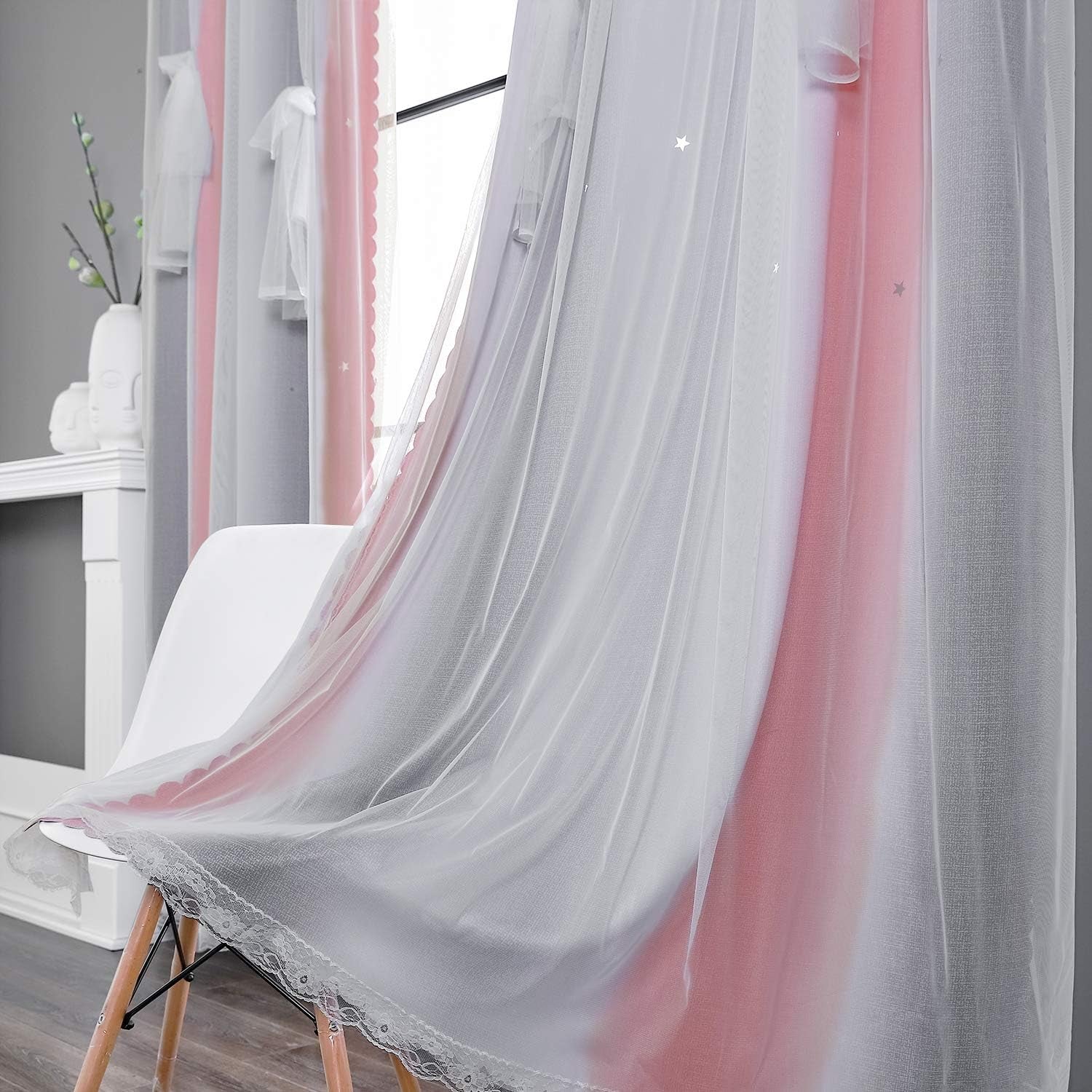 Pink Star Curtains for Girls Bedroom Kids Princess Room Decor for Daughter Bedroom Window
