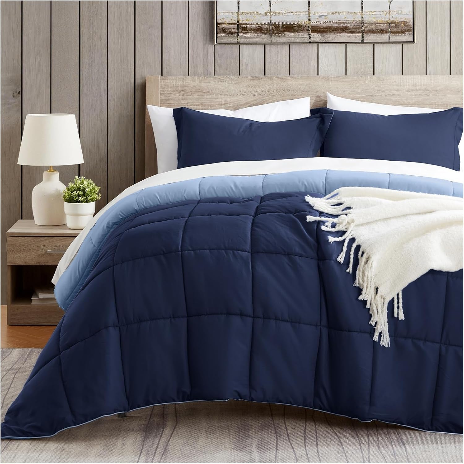 Queen Comforter Set, Navy Blue Bedding Comforters Queen Size, 3 Pieces down Alternative Bed Comforter Lightweight, Soft Quilted Bed Set Breathable, Reversible All Season Bedding Sets
