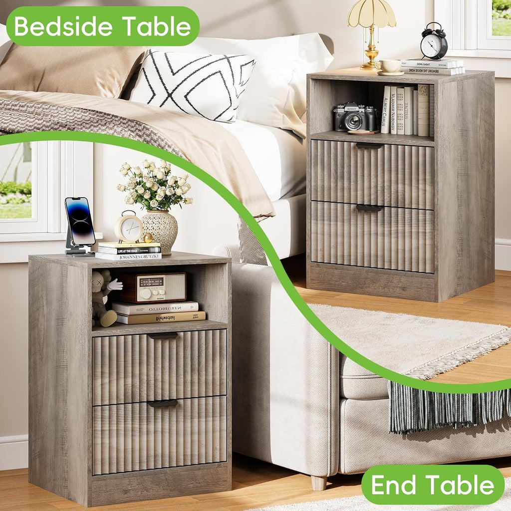 Night Stand Set 2, LED Night Stand with Charging Station, Wood Side Table, Fluted Nightstands with 2 Drawers, End & Bedside Tables for Bedroom Sofa Office, Wood Gray