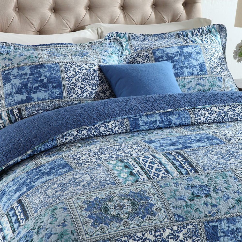Cotton Bedspread Quilt Sets-Reversible Patchwork Coverlet Set, Blue Classic Bohemian Pattern,Twin Size