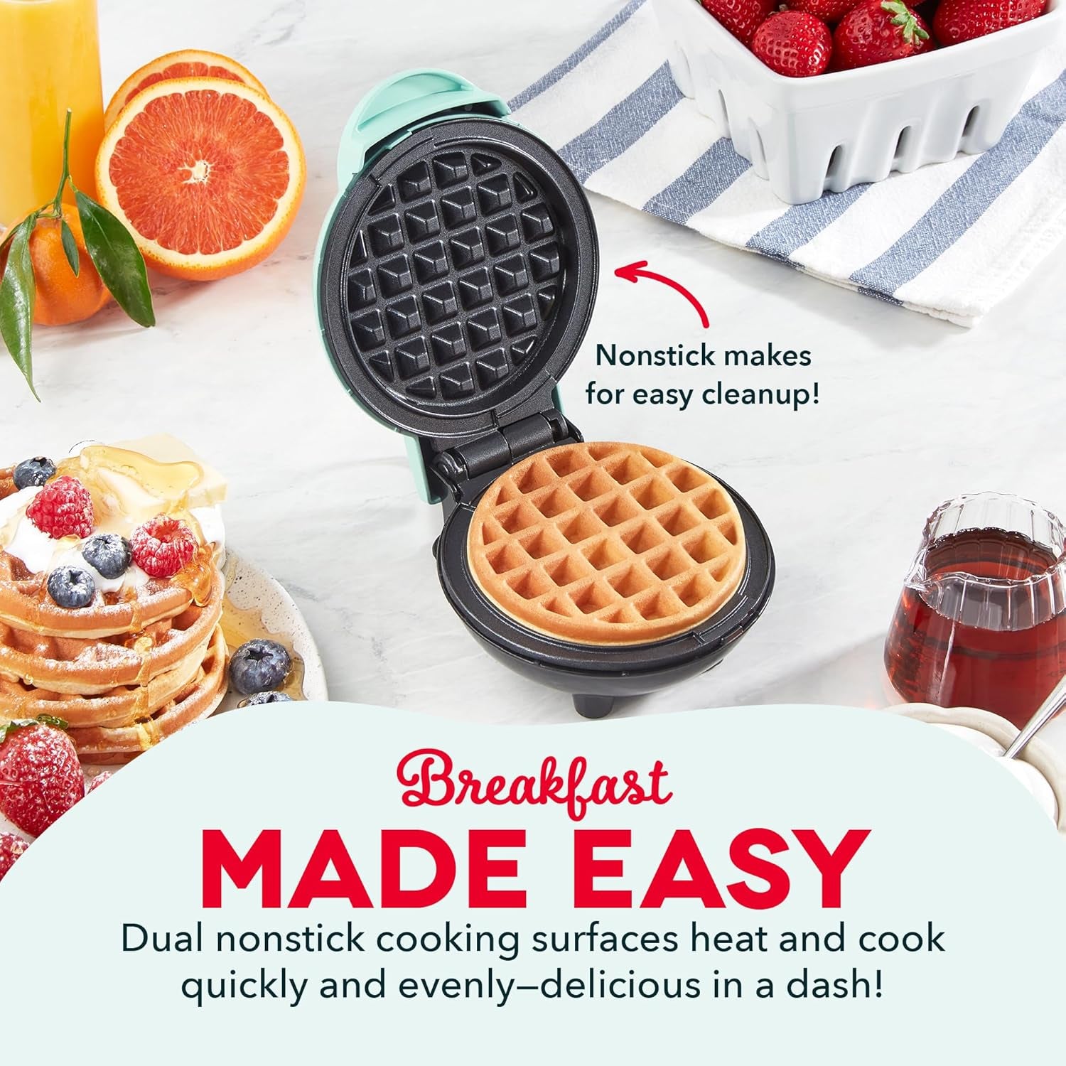 Mini Waffle Maker- Compact Electric Iron for Creative Homemade Treats - Nonstick Surface - Easy-To-Clean - Perfect for Kids & Families - Aqua
